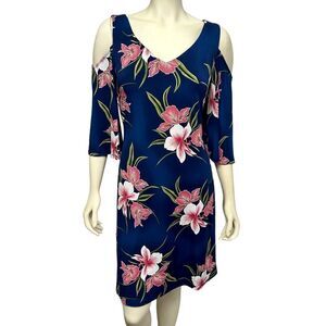Connected Apparel Cold Shoulder Half Sleeve Dark Blue Pink Flowers Floral Dress